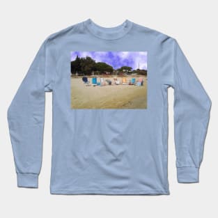 Beach with empty  chairs near St. Tropez, le Provence, France Long Sleeve T-Shirt